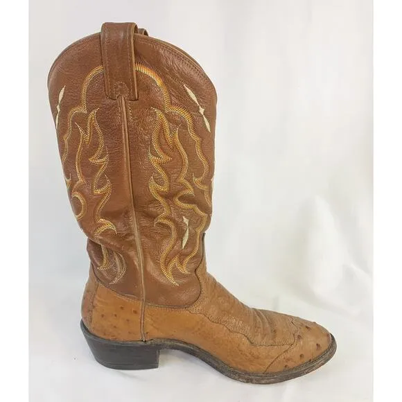 Vintage Tony Lama Cowboy Boots mens 9.5 D Ostrich Skin Leather Embroidered Brown