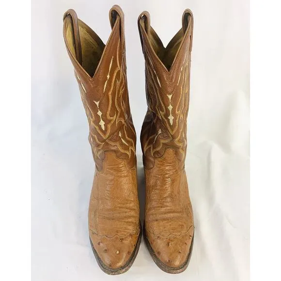 Vintage Tony Lama Cowboy Boots mens 9.5 D Ostrich Skin Leather Embroidered Brown