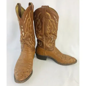 Vintage Tony Lama Cowboy Boots mens 9.5 D Ostrich Skin Leather Embroidered Brown