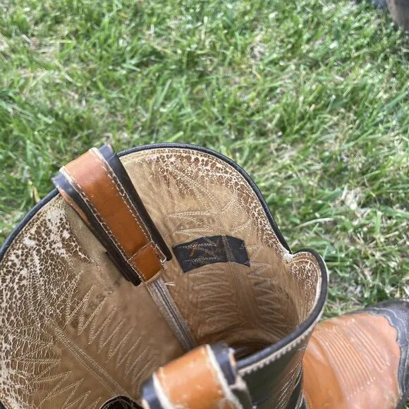 VINTAGE Tony Lama Cowboy Western Boots Peanut Brittle Teju Lizard Toe Cap Cognac