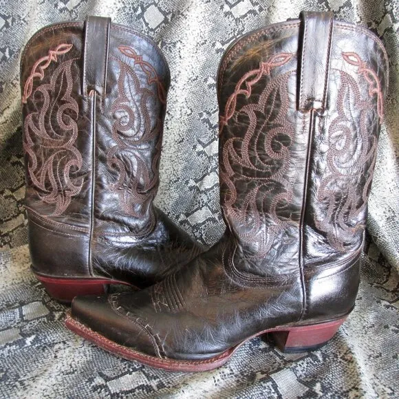 Vintage Tony Lama Dark Chocolate Leather Cowboy Boots size 8 1/2 B