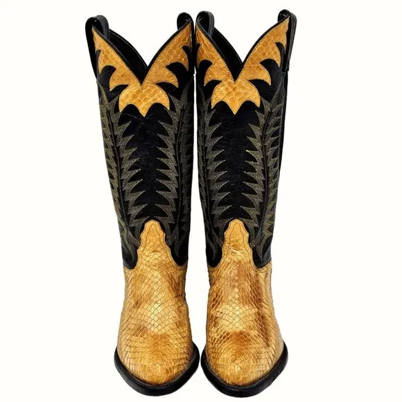 Vintage Tony Lama Exotic Yellow Black Python Snake Cowboy Boots Womens 5 Western