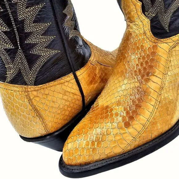 Vintage Tony Lama Exotic Yellow Black Python Snake Cowboy Boots Womens 5 Western