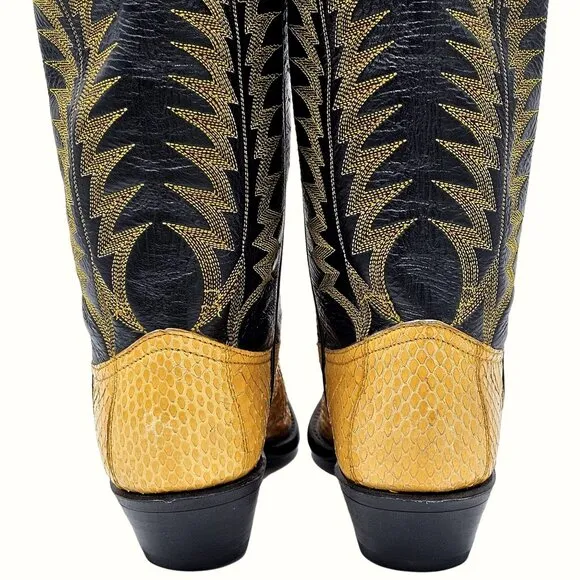 Vintage Tony Lama Exotic Yellow Black Python Snake Cowboy Boots Womens 5 Western