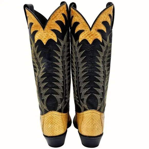 Vintage Tony Lama Exotic Yellow Black Python Snake Cowboy Boots Womens 5 Western