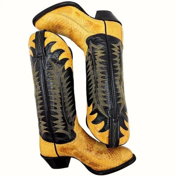 Vintage Tony Lama Exotic Yellow Black Python Snake Cowboy Boots Womens 5 Western