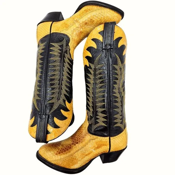 Vintage Tony Lama Exotic Yellow Black Python Snake Cowboy Boots Womens 5 Western
