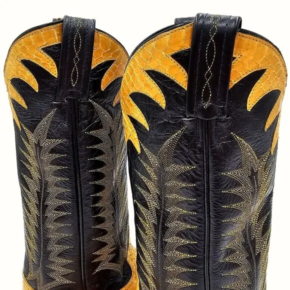 Vintage Tony Lama Exotic Yellow Black Python Snake Cowboy Boots Womens 5 Western