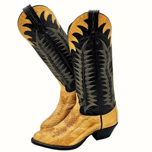 Vintage Tony Lama Exotic Yellow Black Python Snake Cowboy Boots Womens 5 Western