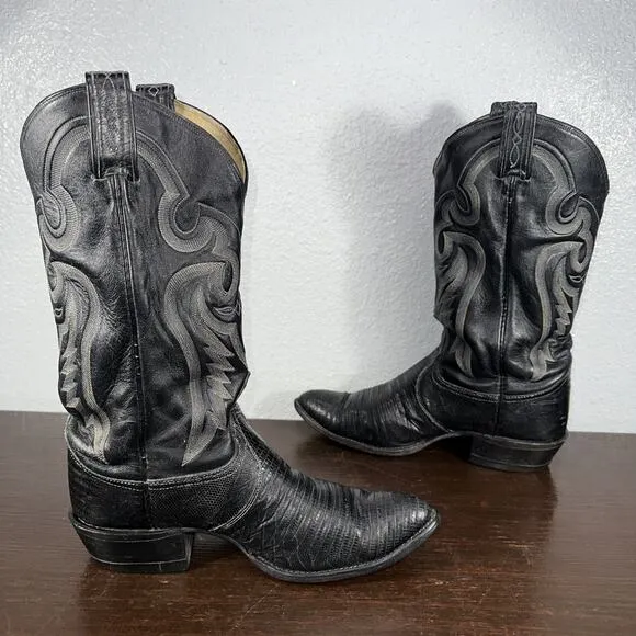 Vintage Tony Lama Mens 9 D Teju Lizard Cowboy Boots Black Label Style 8571