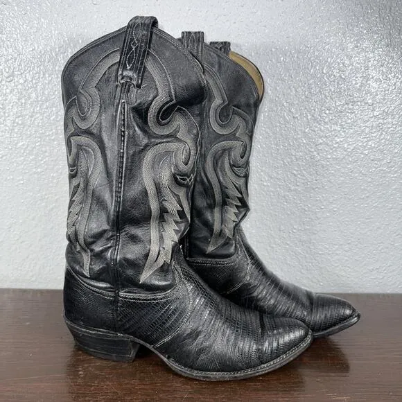 Vintage Tony Lama Mens 9 D Teju Lizard Cowboy Boots Black Label Style 8571