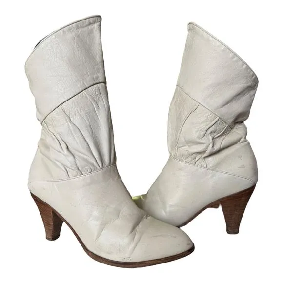 Vintage USA Frye slouchy ruched cream with brown heeled boots C6720  size 8