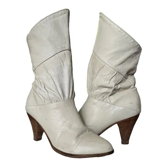 Vintage USA Frye slouchy ruched cream with brown heeled boots C6720  size 8