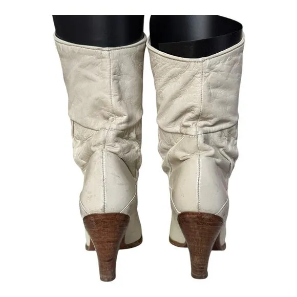 Vintage USA Frye slouchy ruched cream with brown heeled boots C6720  size 8