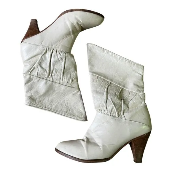 Vintage USA Frye slouchy ruched cream with brown heeled boots C6720  size 8