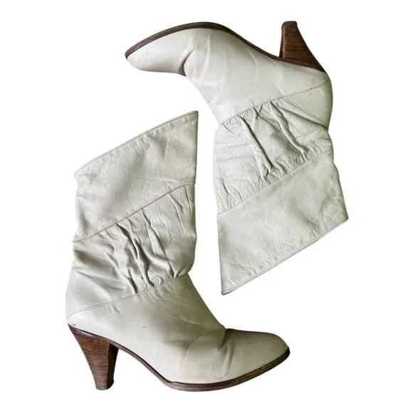 Vintage USA Frye slouchy ruched cream with brown heeled boots C6720  size 8