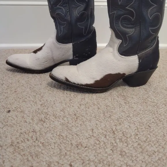Vintage West Post Cowhide Hair On Womens 6.5 M Justin Cowboy Boots Black White