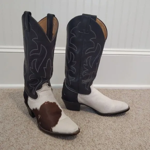 Vintage West Post Cowhide Hair On Womens 6.5 M Justin Cowboy Boots Black White