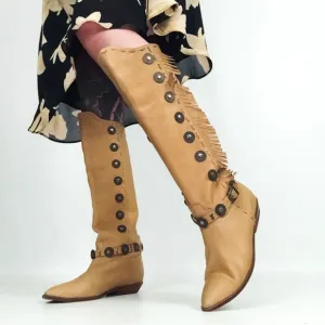 Vintage Western Fringe Medallion Knee-High Genuine Leather Boots | Size 8.5