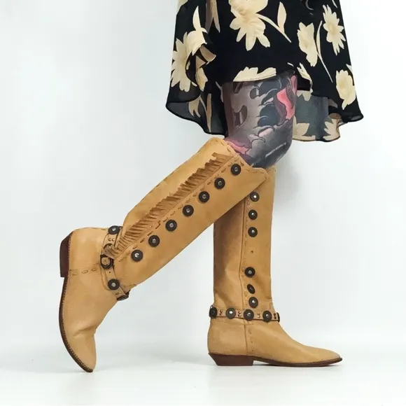 Vintage Western Fringe Medallion Knee-High Genuine Leather Boots | Size 8.5