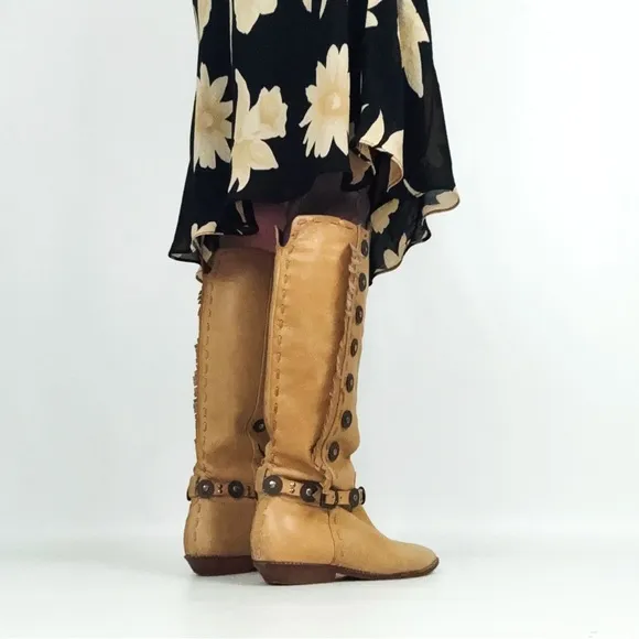 Vintage Western Fringe Medallion Knee-High Genuine Leather Boots | Size 8.5