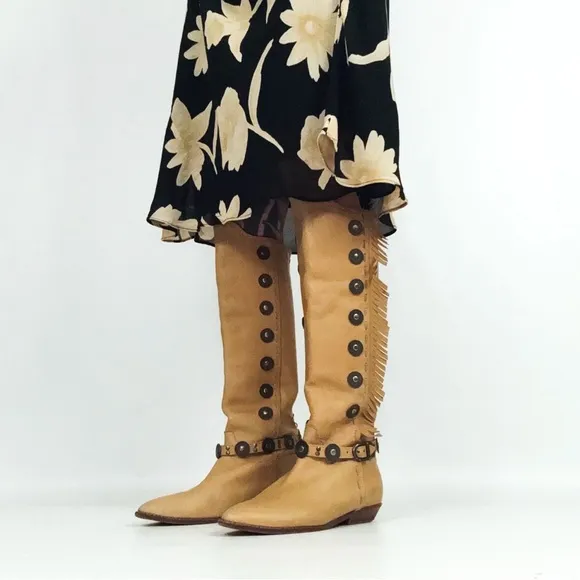 Vintage Western Fringe Medallion Knee-High Genuine Leather Boots | Size 8.5