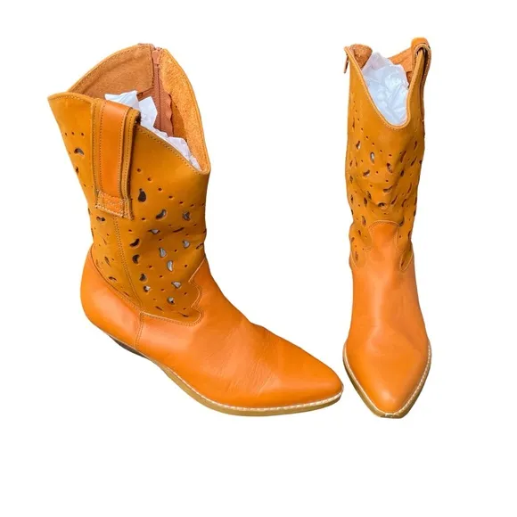 Vintage Y2K Cowgirl Boots BLT Santa Barbara Leather NWT Orange Pointed Toe