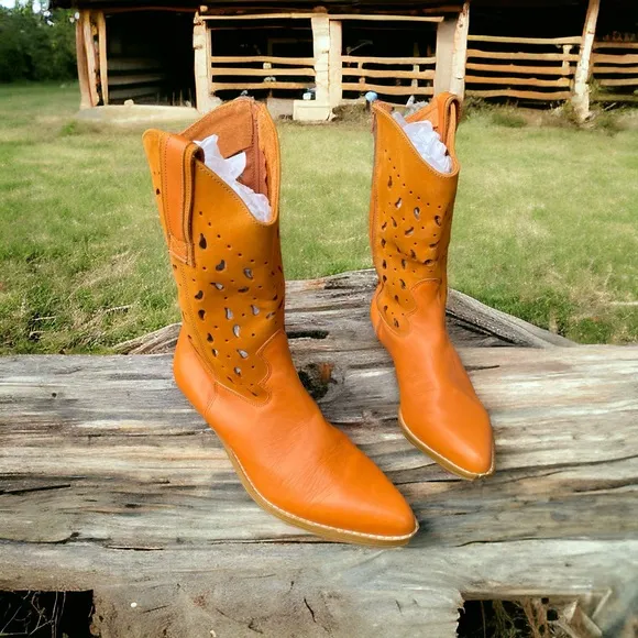 Vintage Y2K Cowgirl Boots BLT Santa Barbara Leather NWT Orange Pointed Toe