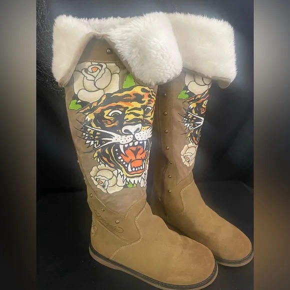 Vintage Y2K Ed Hardy Tiger Tan Fur Trim Studded Zip Knee Boots Size 8