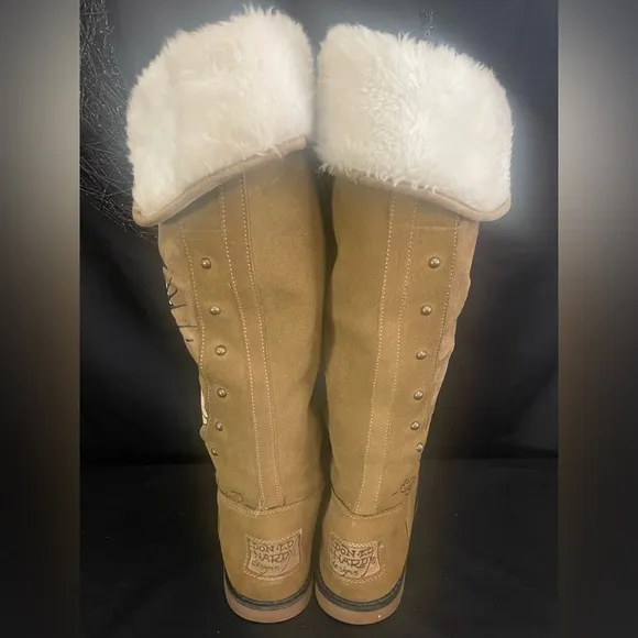 Vintage Y2K Ed Hardy Tiger Tan Fur Trim Studded Zip Knee Boots Size 8