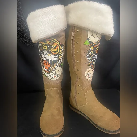 Vintage Y2K Ed Hardy Tiger Tan Fur Trim Studded Zip Knee Boots Size 8