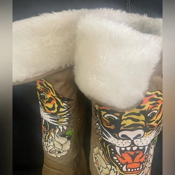 Vintage Y2K Ed Hardy Tiger Tan Fur Trim Studded Zip Knee Boots Size 8