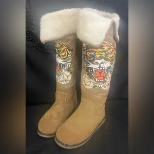 Vintage Y2K Ed Hardy Tiger Tan Fur Trim Studded Zip Knee Boots Size 8