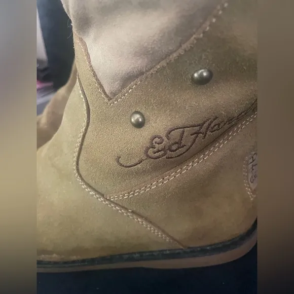 Vintage Y2K Ed Hardy Tiger Tan Fur Trim Studded Zip Knee Boots Size 8