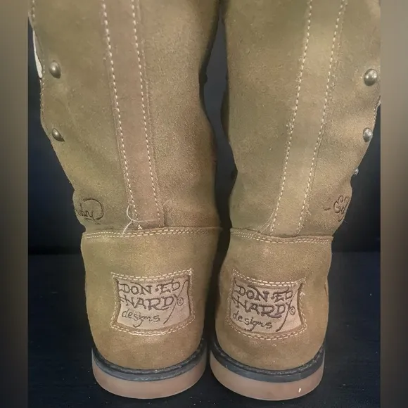 Vintage Y2K Ed Hardy Tiger Tan Fur Trim Studded Zip Knee Boots Size 8