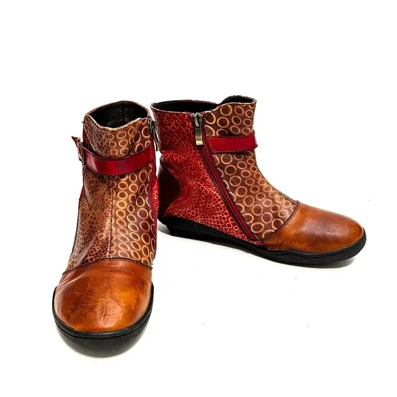 Vintage Y2K embossed leather patchwork belted ankle boots