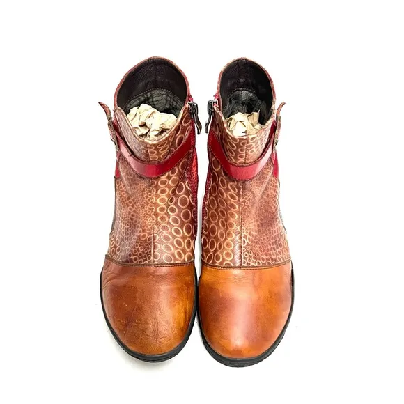 Vintage Y2K embossed leather patchwork belted ankle boots