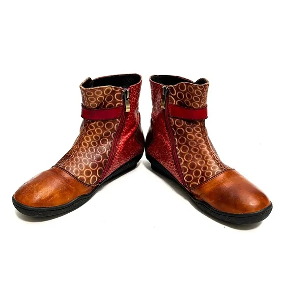 Vintage Y2K embossed leather patchwork belted ankle boots