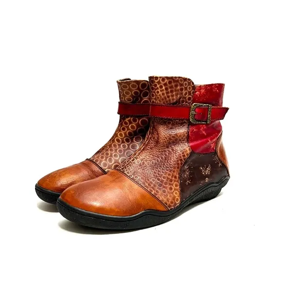 Vintage Y2K embossed leather patchwork belted ankle boots