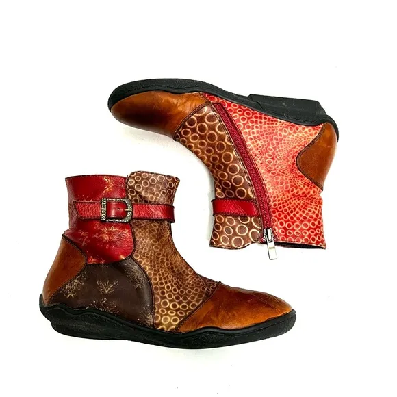 Vintage Y2K embossed leather patchwork belted ankle boots