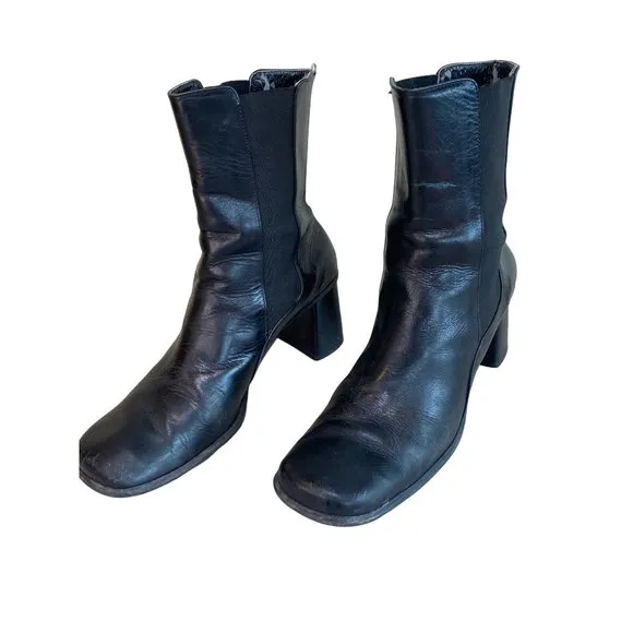 Vintage Y2K Franco Sarto Leather Chunky Heel Boots Women's 10 Black