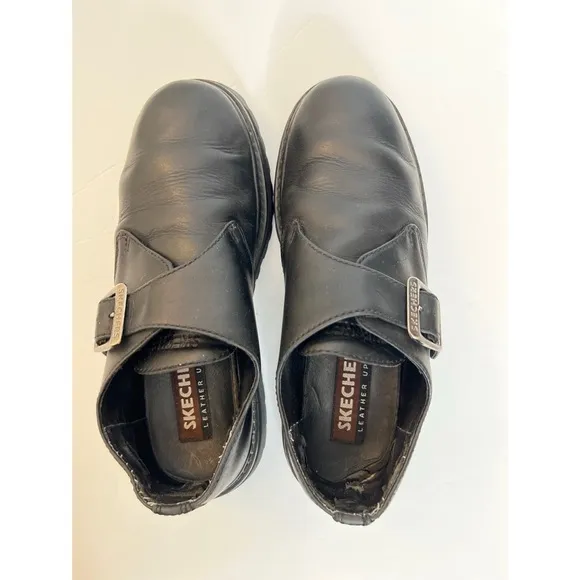 Vintage Y2K Skechers Black Leather Chunky Buckle  Lug Soles Shoes Sz 8 M…