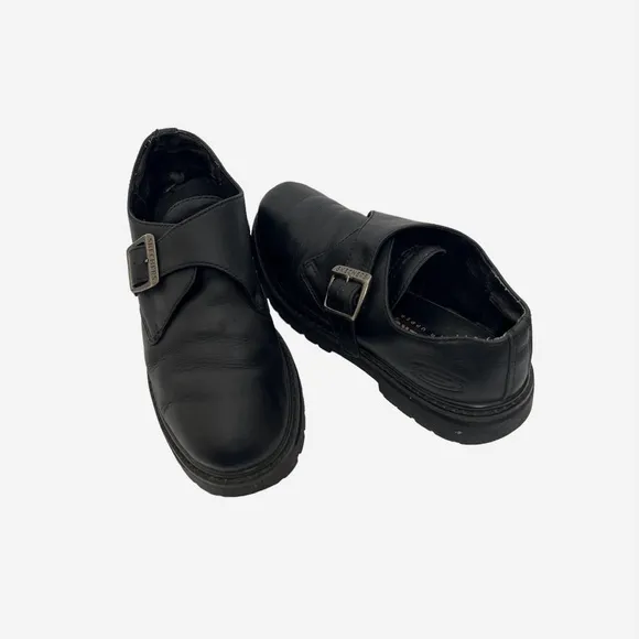 Vintage Y2K Skechers Black Leather Chunky Buckle  Lug Soles Shoes Sz 8 M…