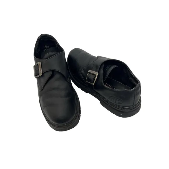 Vintage Y2K Skechers Black Leather Chunky Buckle  Lug Soles Shoes Sz 8 M…