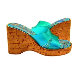 Vintage Y2K Wedge Heel Sandal 8 Turquoise Jelly Cork Hippie Boho Beachy Italy