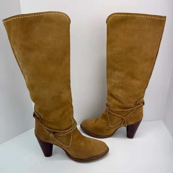 Vintage Zodiac size 7.5 Women’s Tan Braided Leather Heeled Tall Western Boots