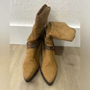 Vintage Zodiac Tan Leather Harness Cowboy Boots Size 7.5 Boho Western