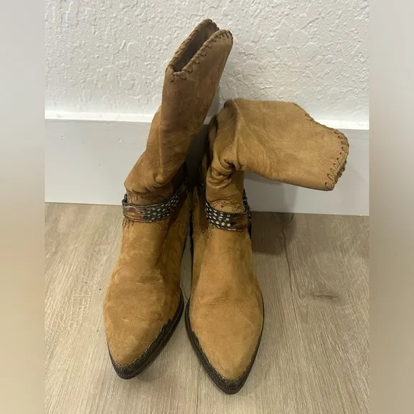 Vintage Zodiac Tan Leather Harness Cowboy Boots Size 7.5 Boho Western