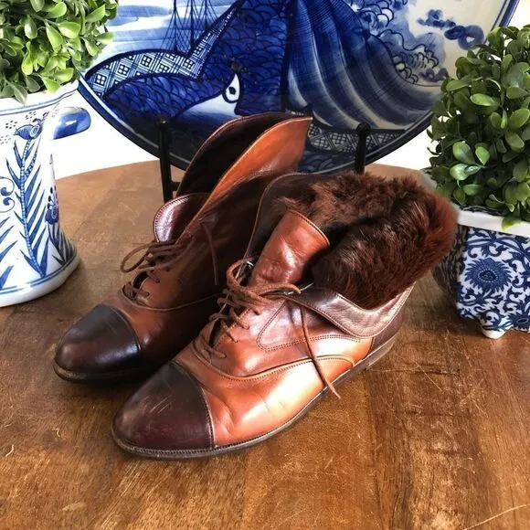 Vintage Bally Fur lined ankle cuffed fold over Boots SZ 6