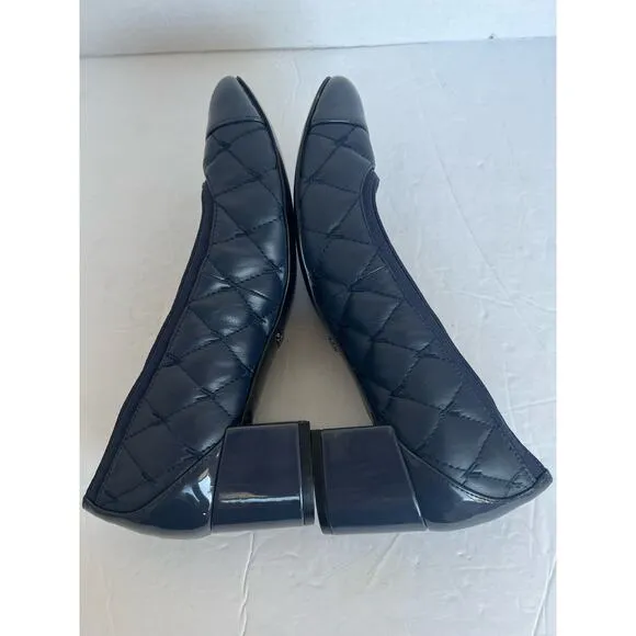 Vionic Ruby Olympia Quilted Leather Navy Blue Cap Toe Block Pump Heel Size 7
